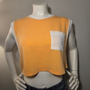 Orange Sleeveless Crop Top with White Trim And Pocket